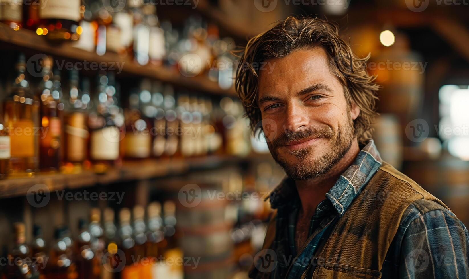 Portrait of handsome man standing in front of shelf full of whiskey bottles in liquor store. photo
