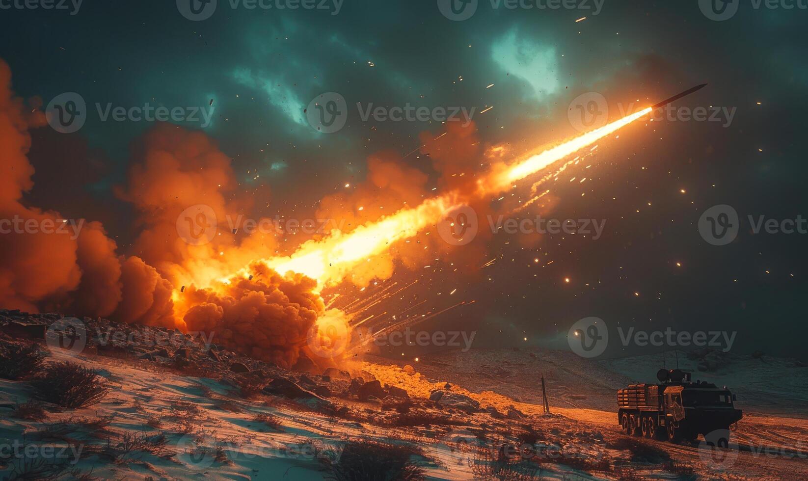 Rocket is launched from military base in the mountains photo