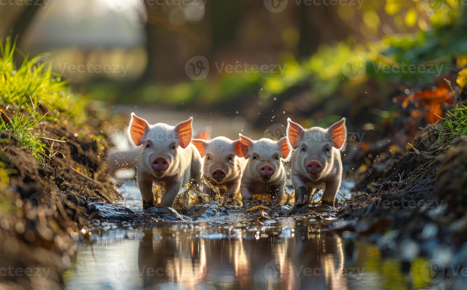 Four little funny pigs are running on the water photo