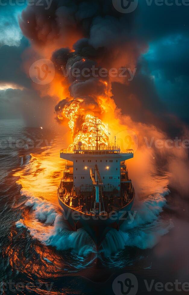 Oil tanker on fire in the sea at night. A cargo ship on fire in the middle of an ocean photo