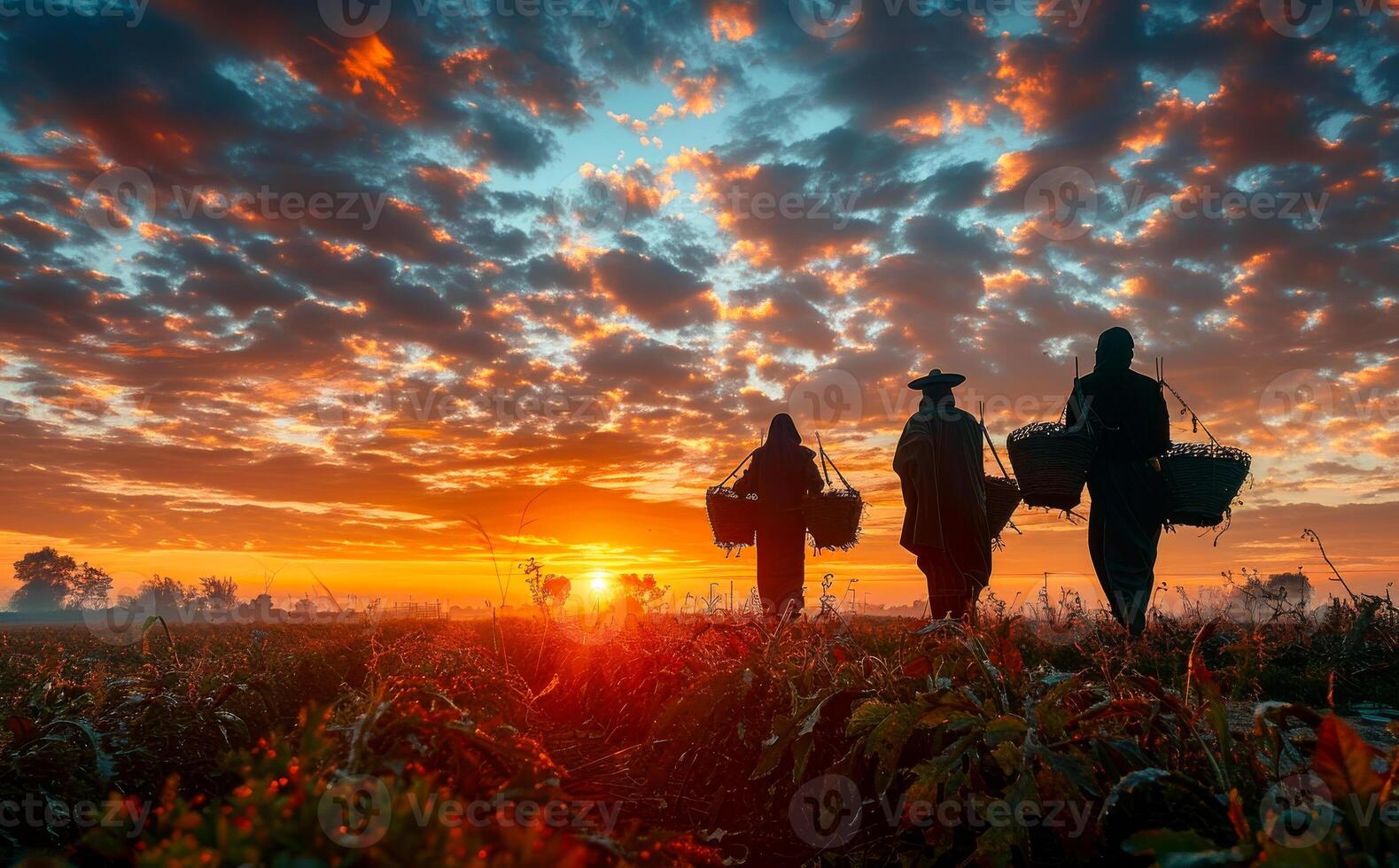 Three farmers go ahead on the field after harvesting at sunset. photo