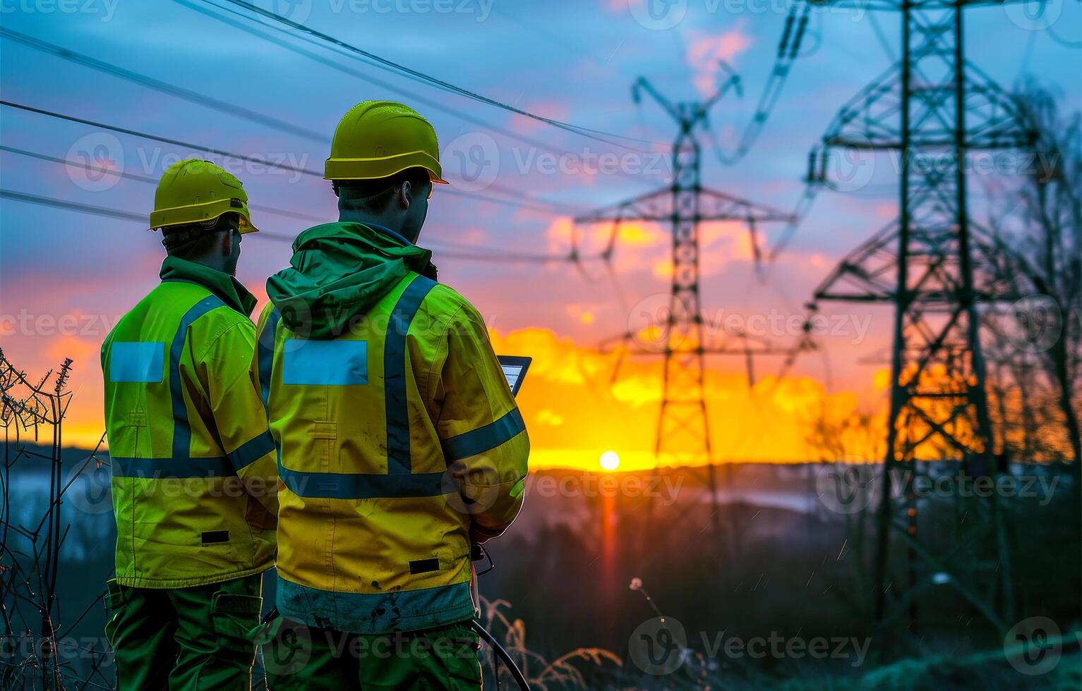 Two workers in high vis jackets stand in front of sunset and power lines photo