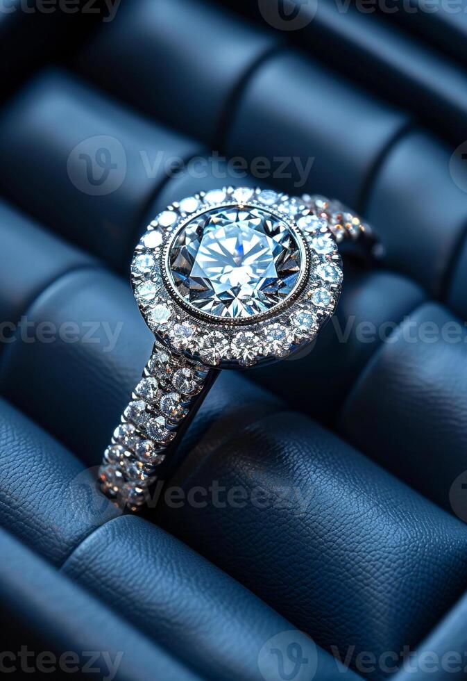 Diamond ring is displayed on black leather surface photo