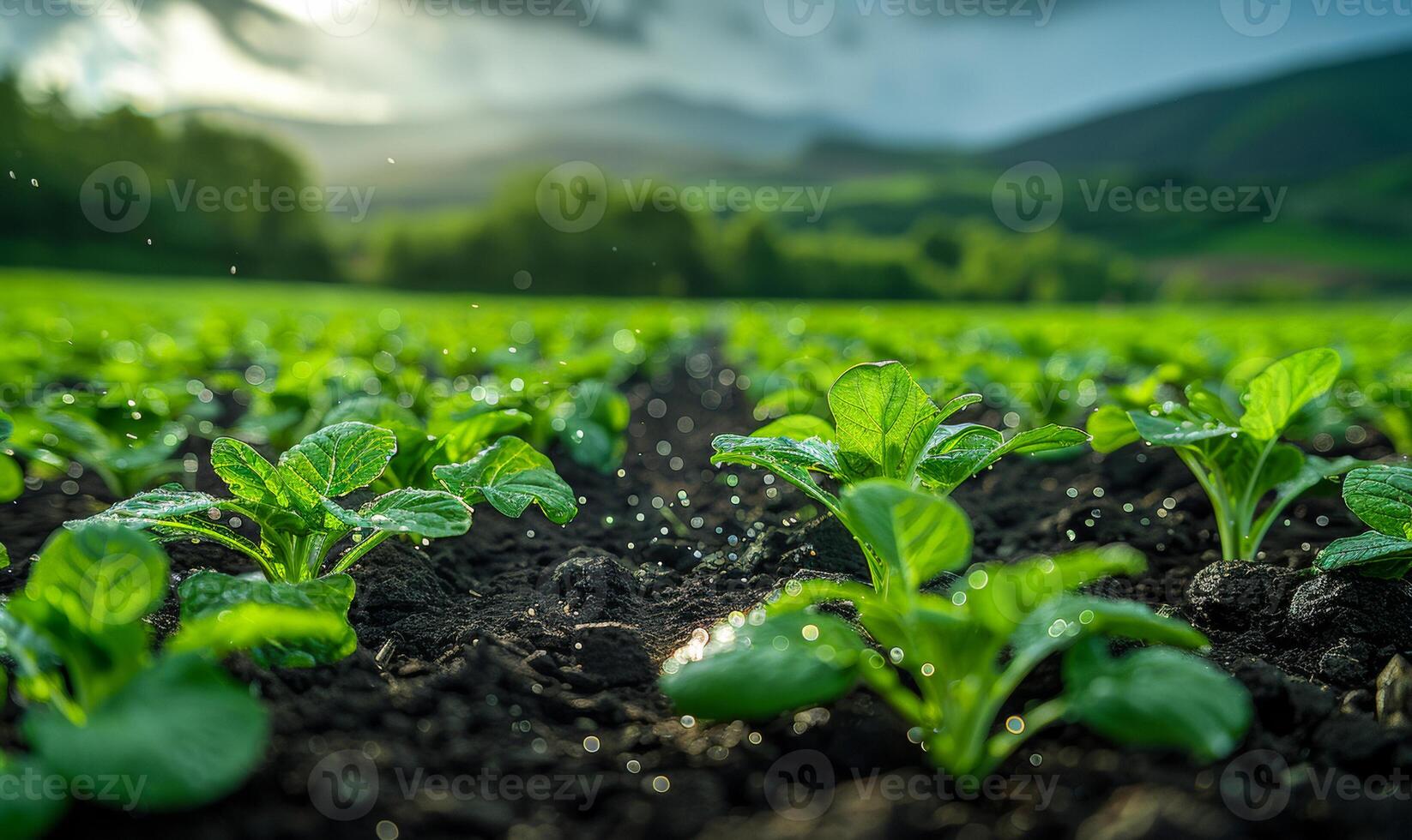Green potato sprout growing up from the soil in field photo