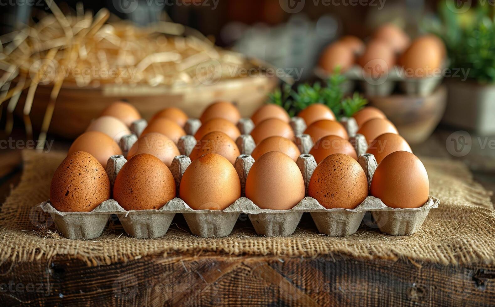 Fresh chicken eggs in carton on wooden rustic table. Eggs in egg boxes photo