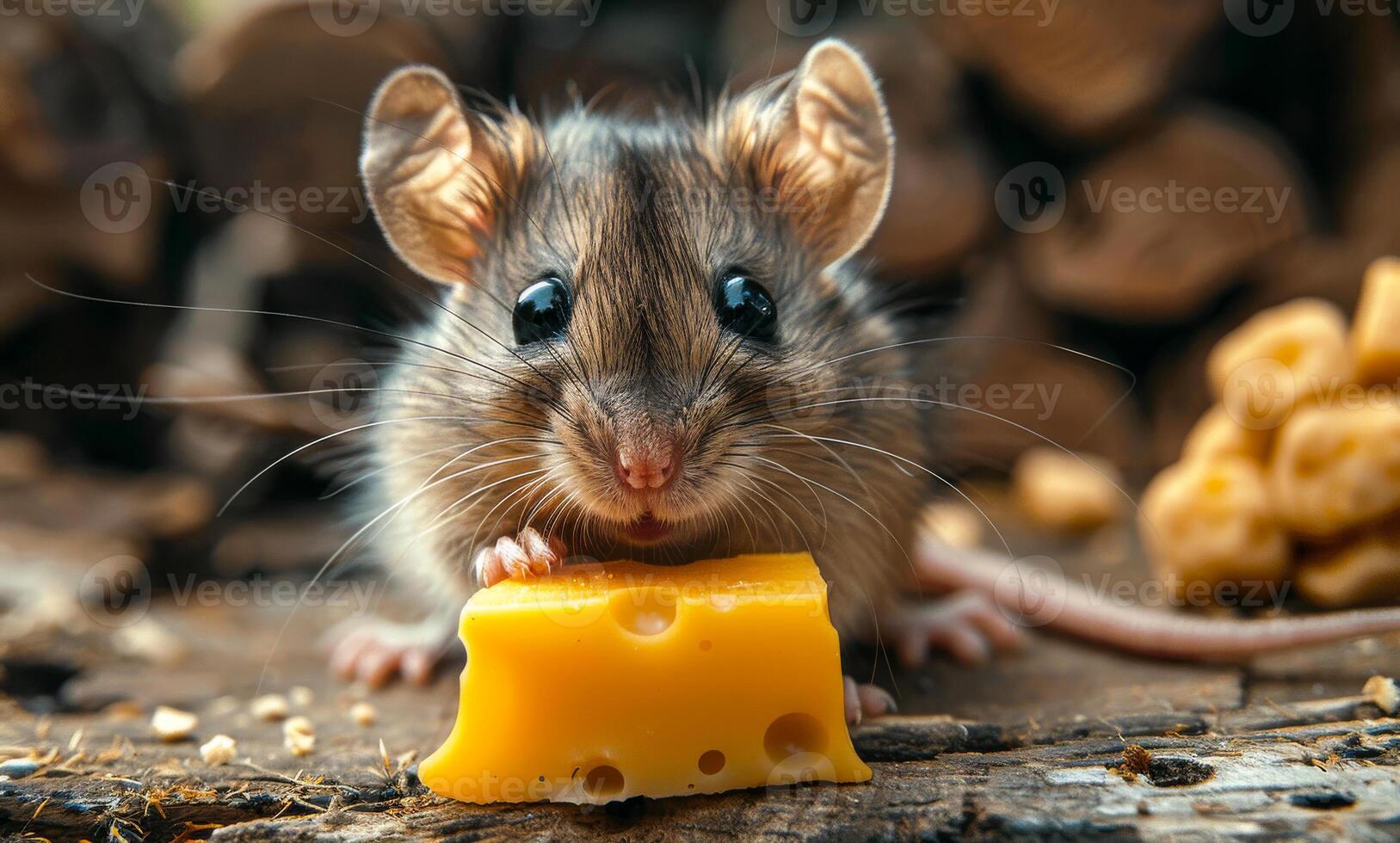 Close-up young mouse nibbles cheese on the background of the forest photo