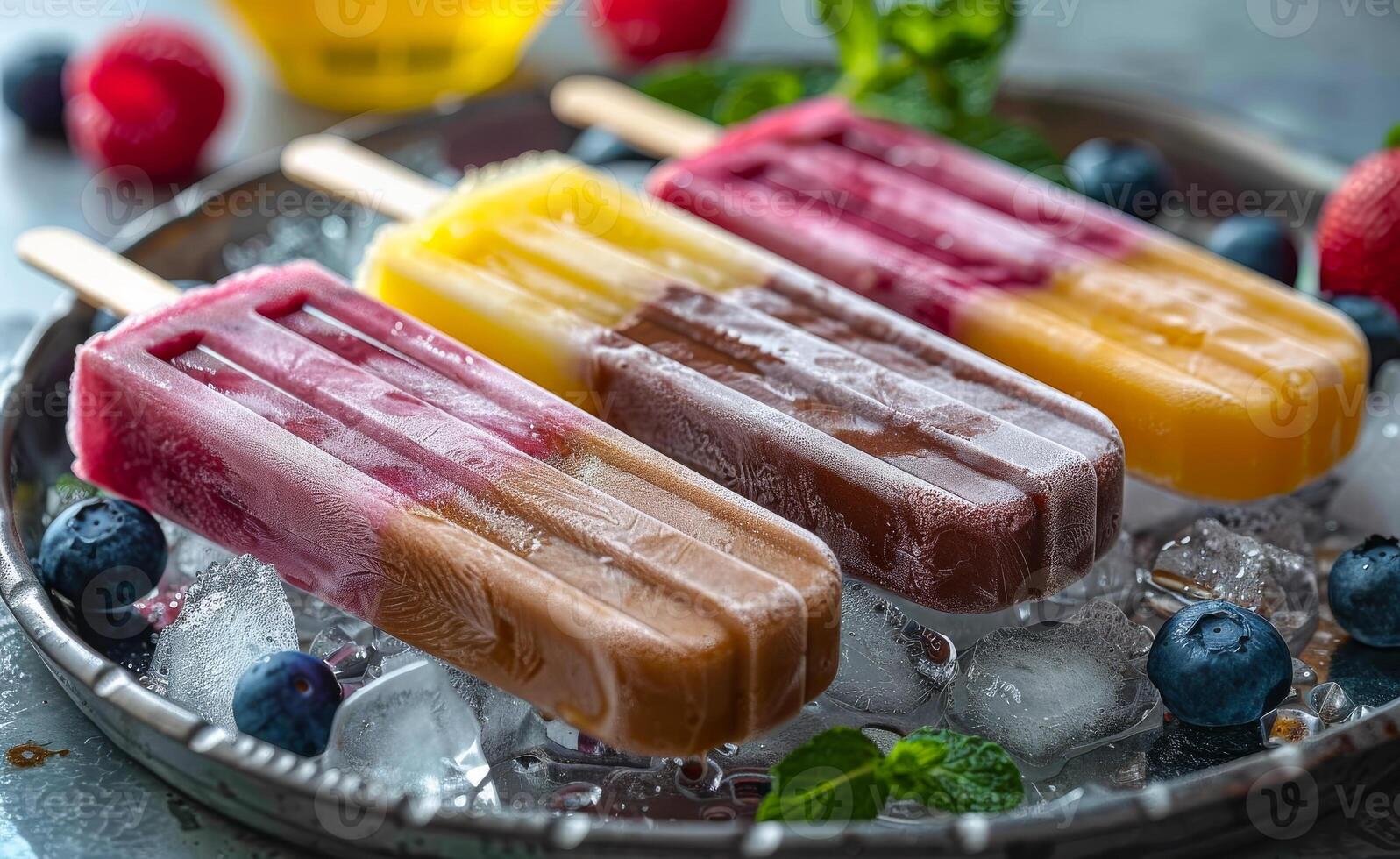 Ice cream popsicles with fresh berries and mint leaves on metal plate photo