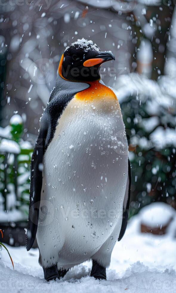 King penguin stands on the snow in the winter photo