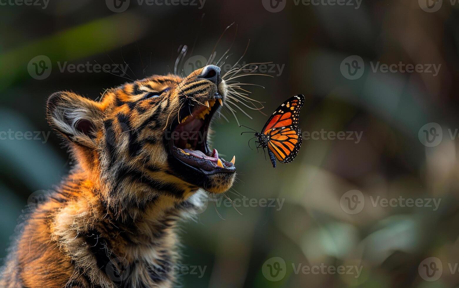 Young tiger is about to eat butterfly. An animal in nature playing with a butterfly on its nose and howling photo