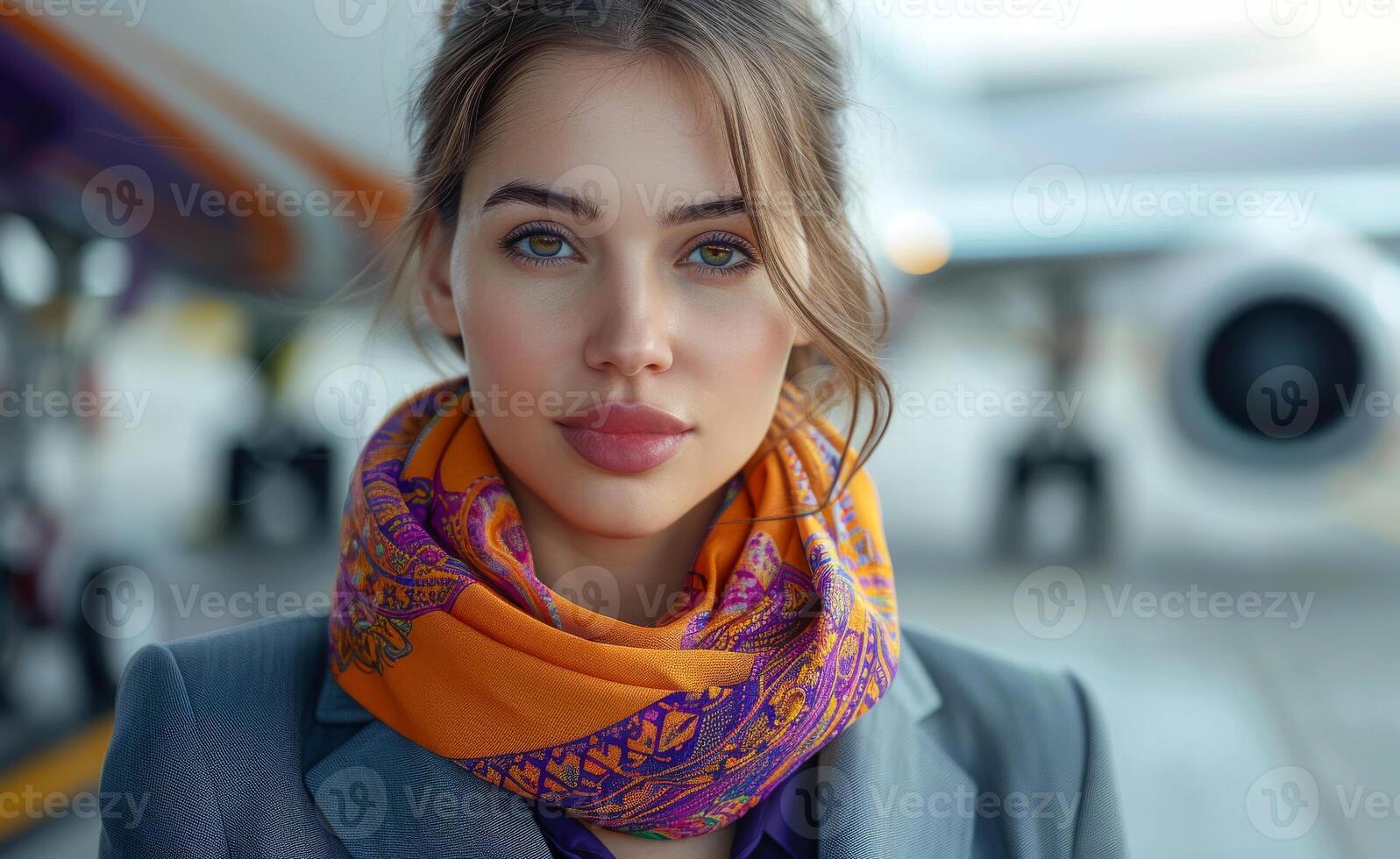 Beautiful young stewardess is looking at camera while standing near the airplane photo