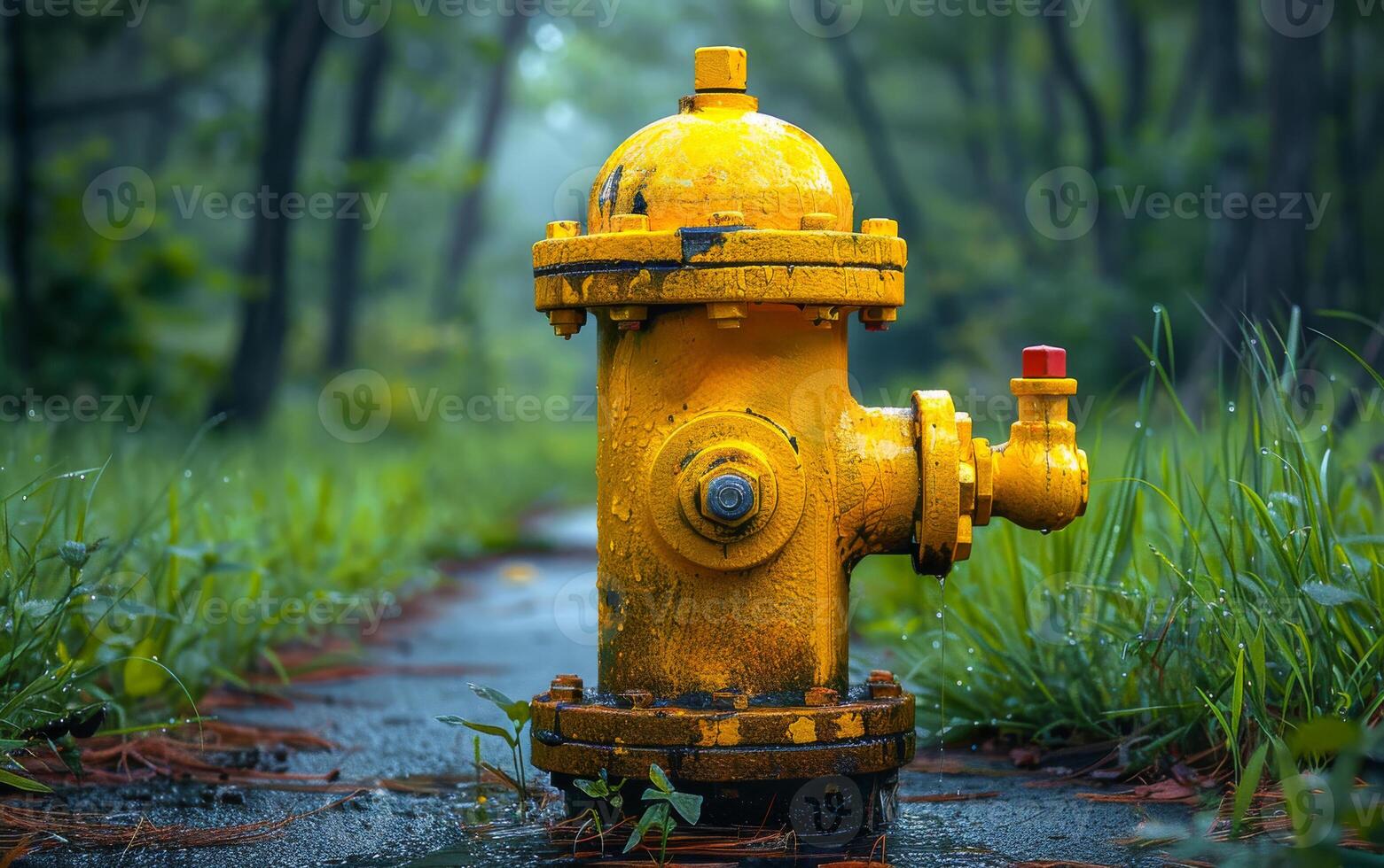 Yellow fire hydrant is sitting on wet road in forest. photo