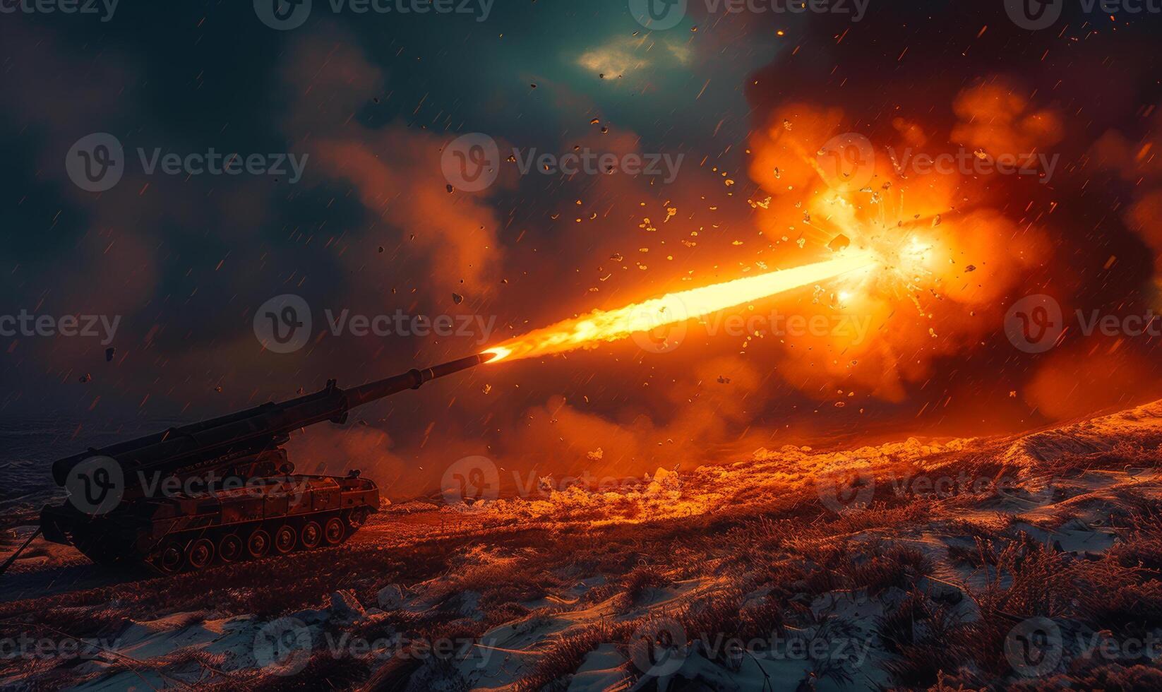 Artillery fires shell at enemy territory. Nighttime operation of a missile launcher photo