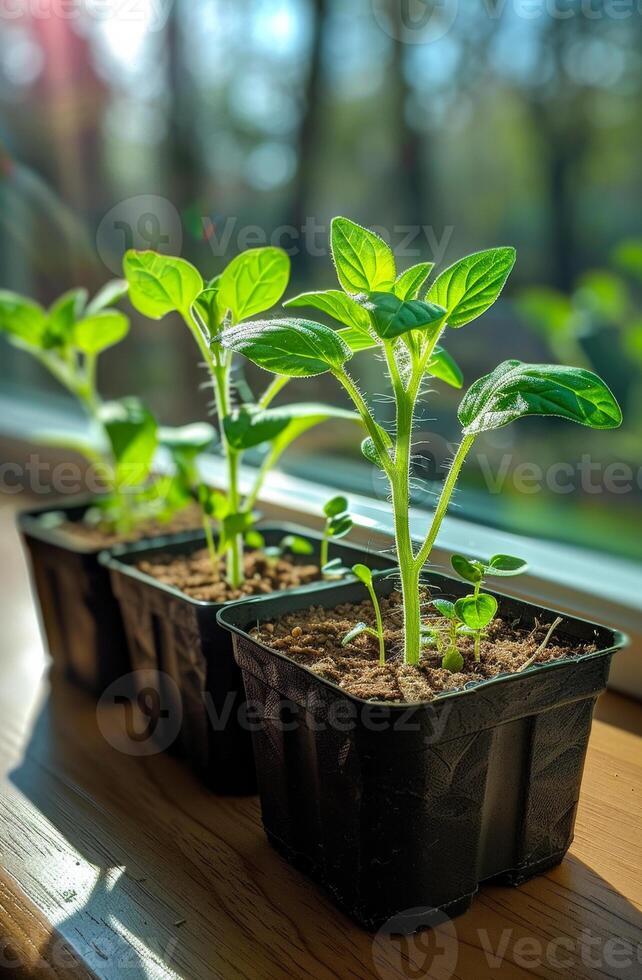 Young seedlings of pepper in plastic container on the windowsill photo