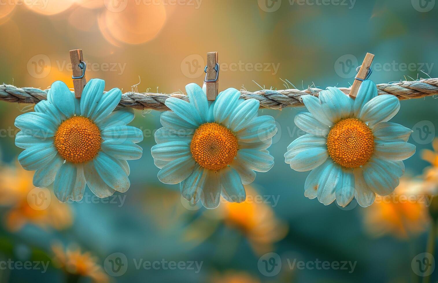 Three daisies hanging on rope. Three daisies hanging on the line photo