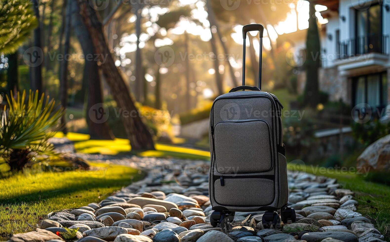 Suitcase on the stone path in the hotel garden photo