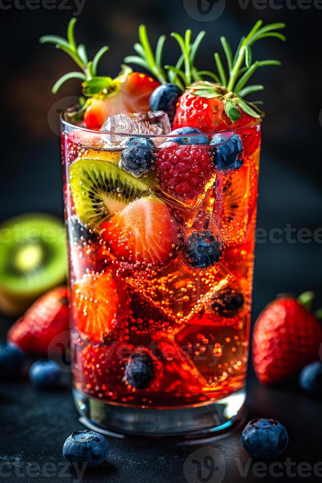 Fresh summer berries and fruits in glass with ice and rosemary photo