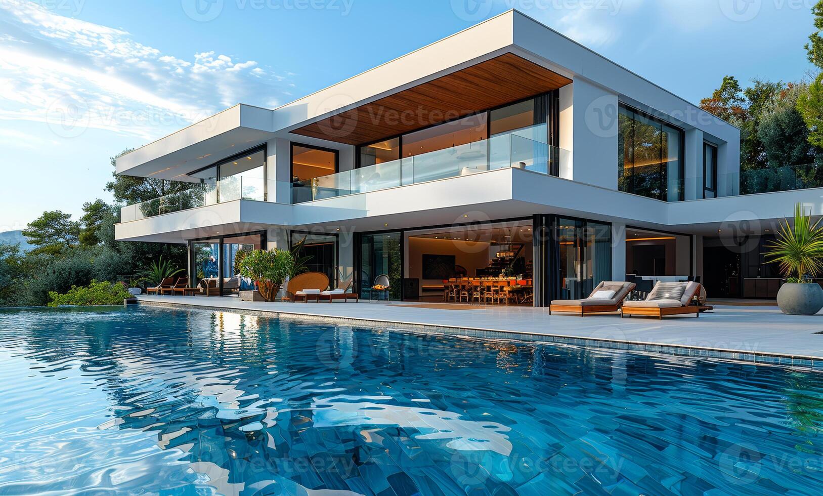 Modern villa with pool view from the garden photo