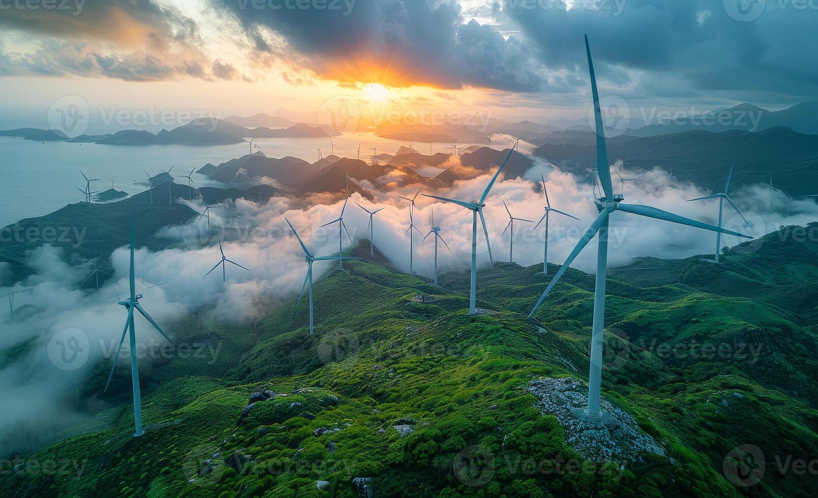 Wind turbines on the mountain. Offshore windmill park with clouds and a blue sky photo