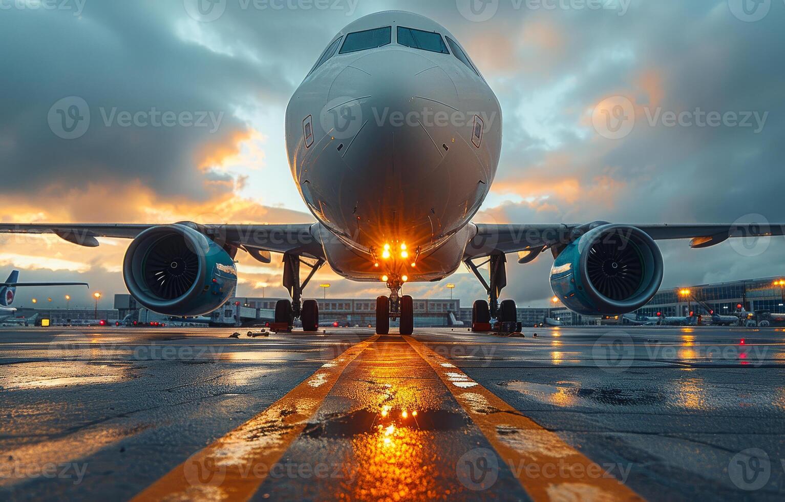 Airplane is taxiing to the runway for take off at sunset photo