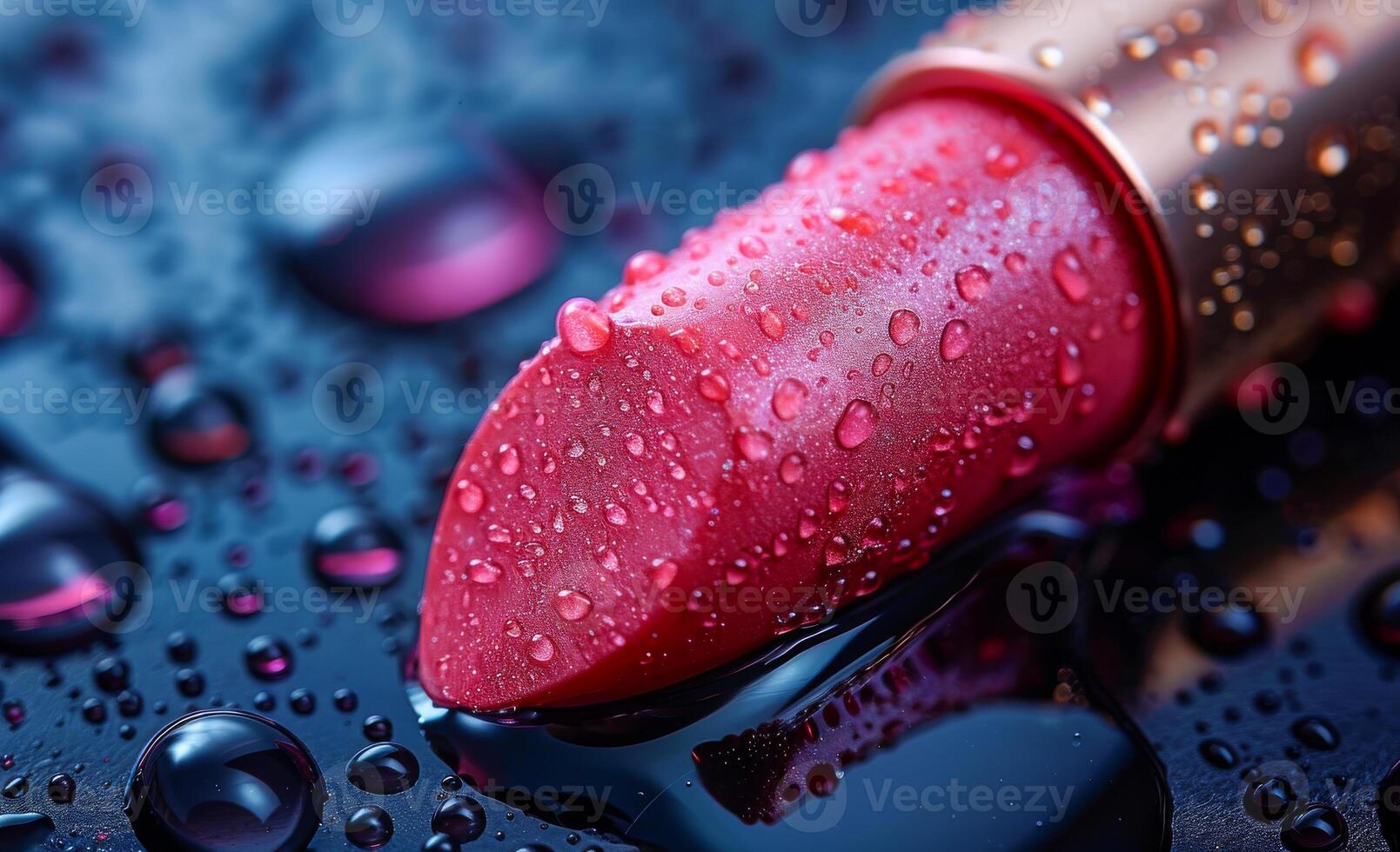 Red lipstick with water drops on dark background photo