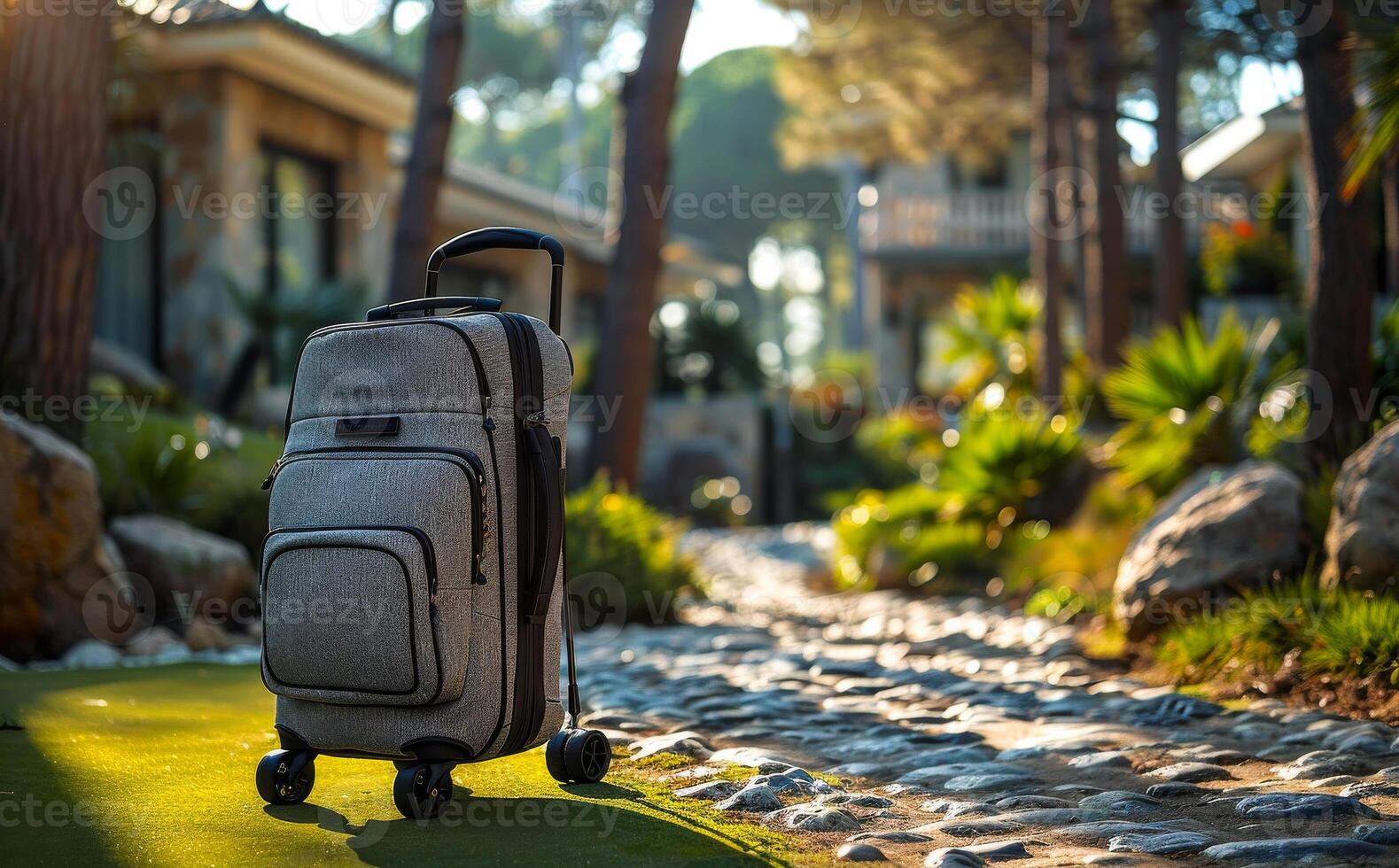Suitcase or luggage bag on green grass and stone path in hotel resort with trees and sun flare photo