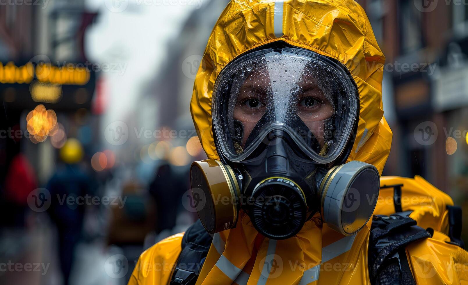 Man in yellow protective suit and gas mask photo