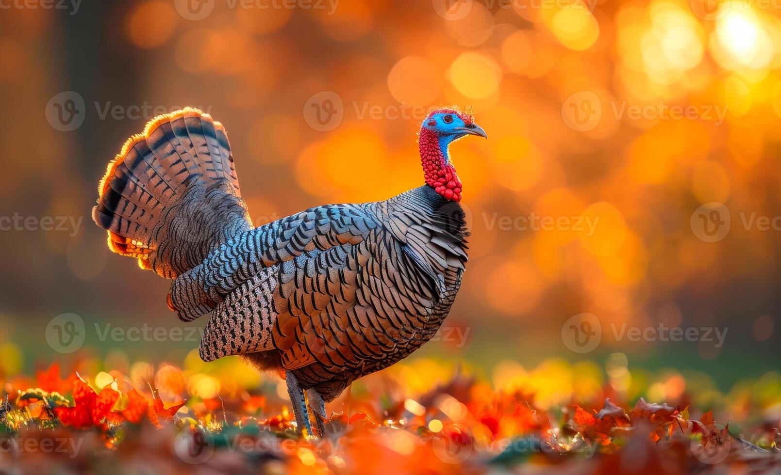 Wild Turkey or Common Wild Turkey with its tail feathers fanned out standing on the forest floor photo