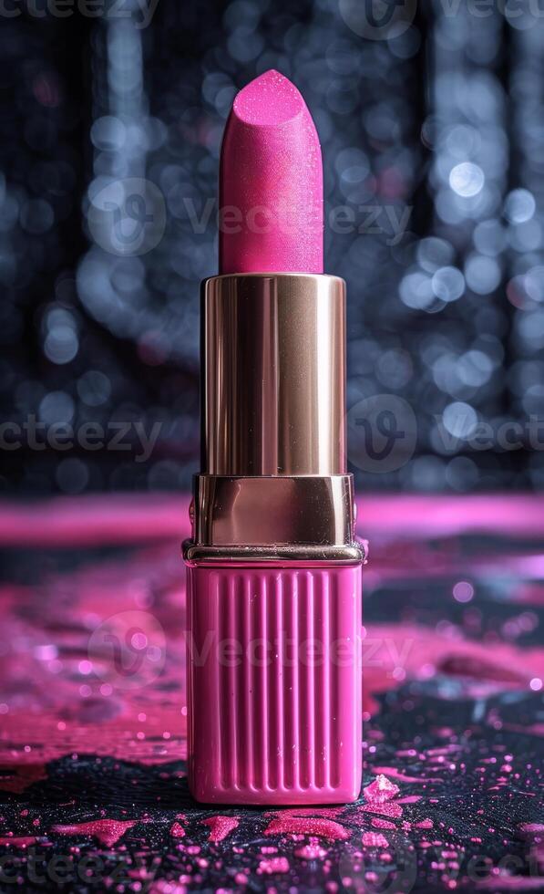 Pink lipstick on black background and pink bokeh photo