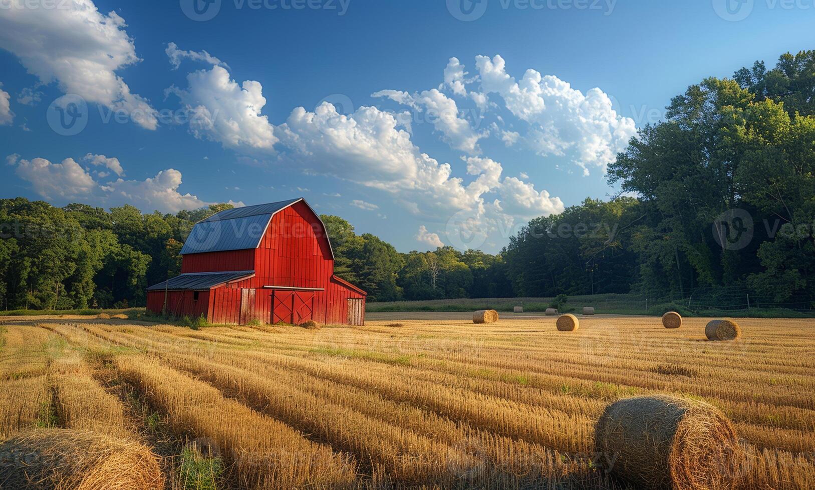 Red barn and hay bales in field. A red barn stands alone in the middle of an open field photo