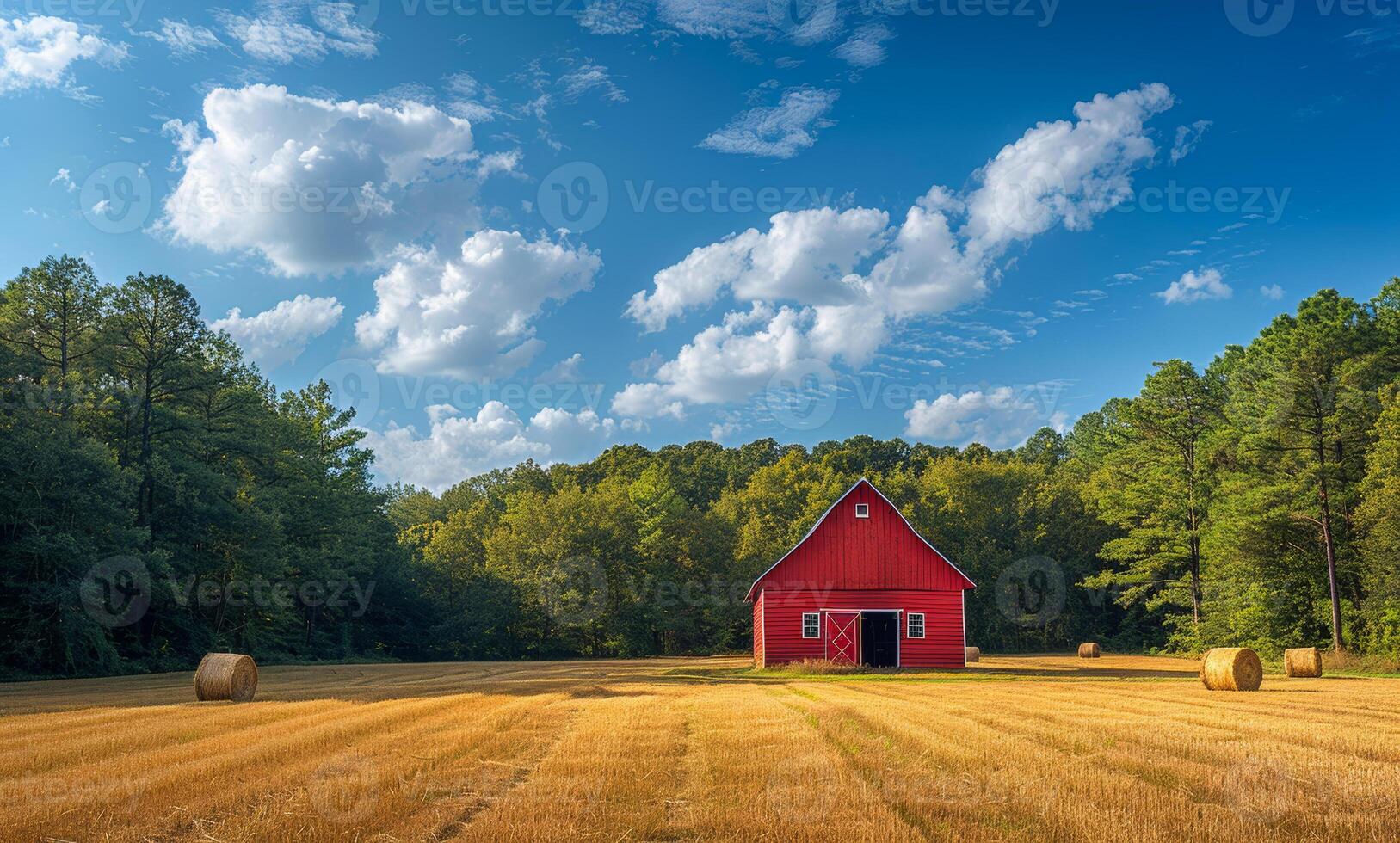 Red barn and hay bales in field. A red barn stands alone in the middle of an open field photo