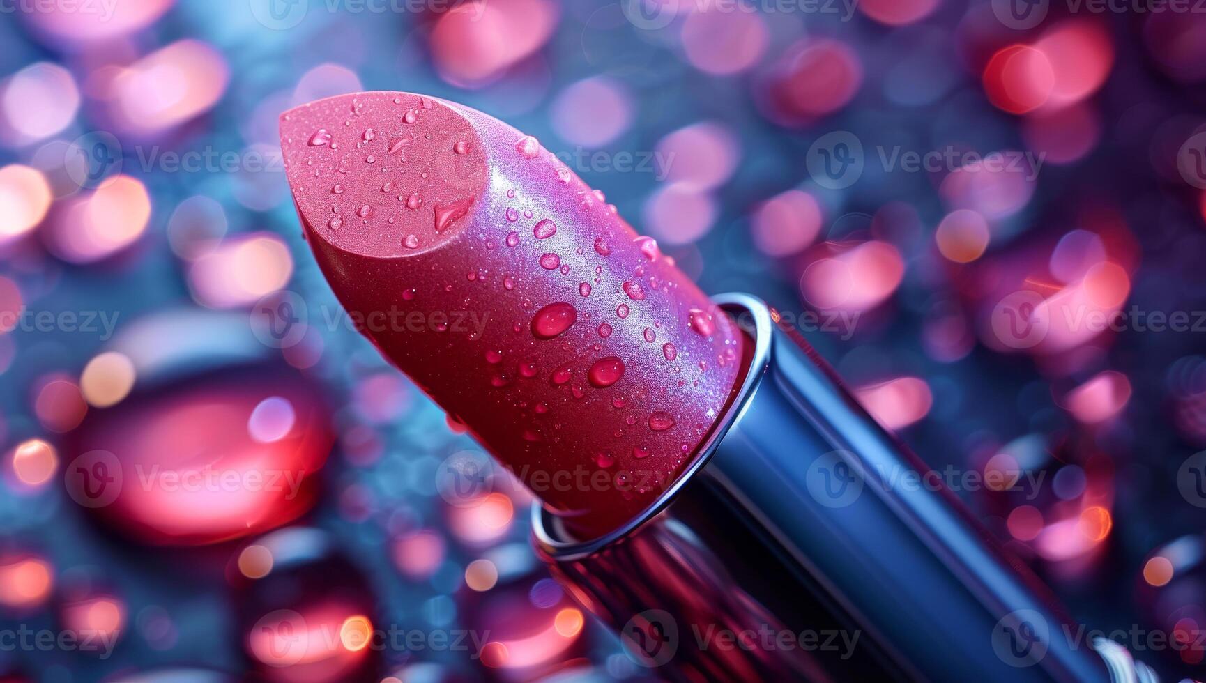 Red lipstick with water drops on colorful background photo