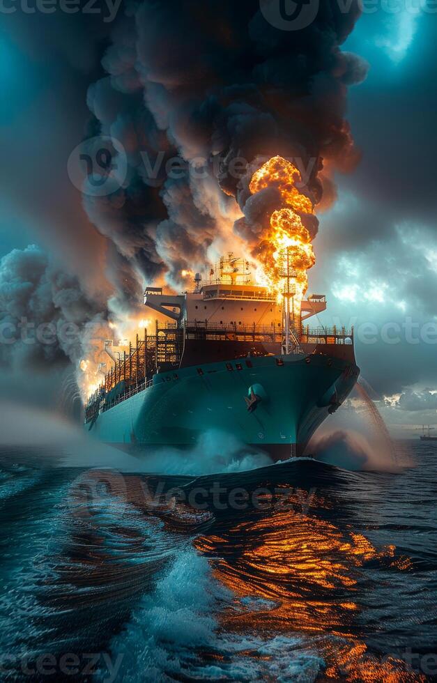Oil tanker on fire in the sea at night. A cargo ship on fire in the middle of an ocean photo