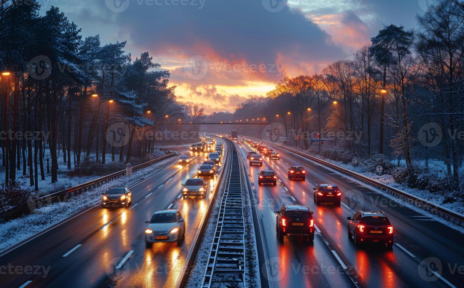 Cars driving on highway at dusk in winter. Expressway at night time photo