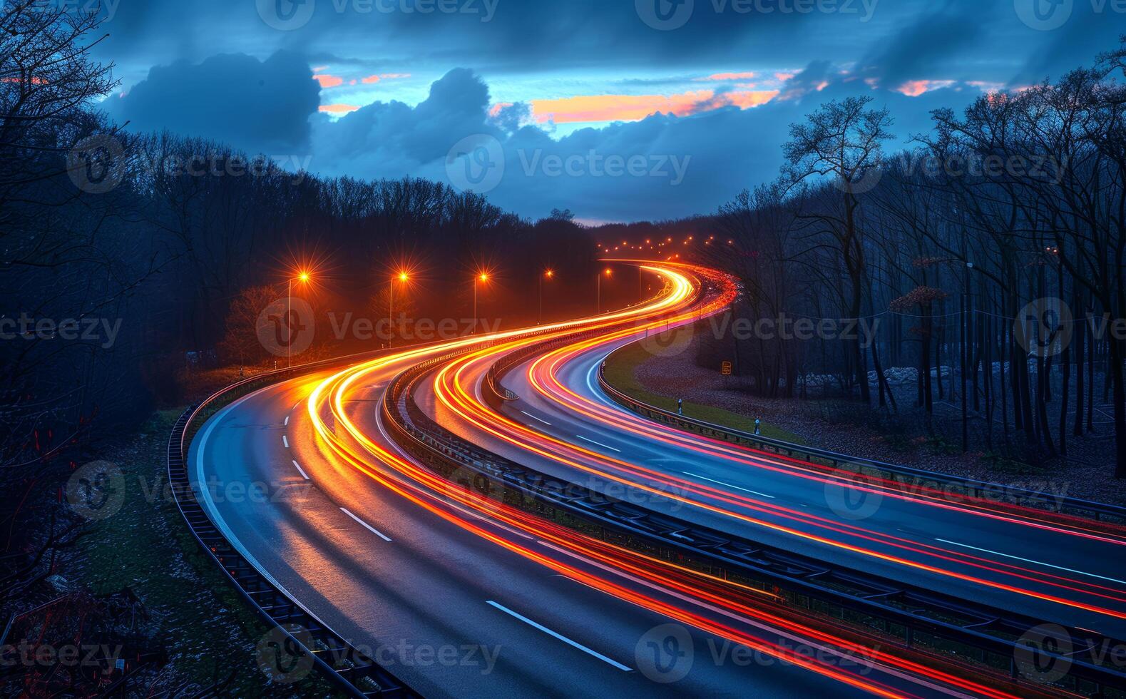 Highway and street at dusk with light trails. Expressway at night time photo