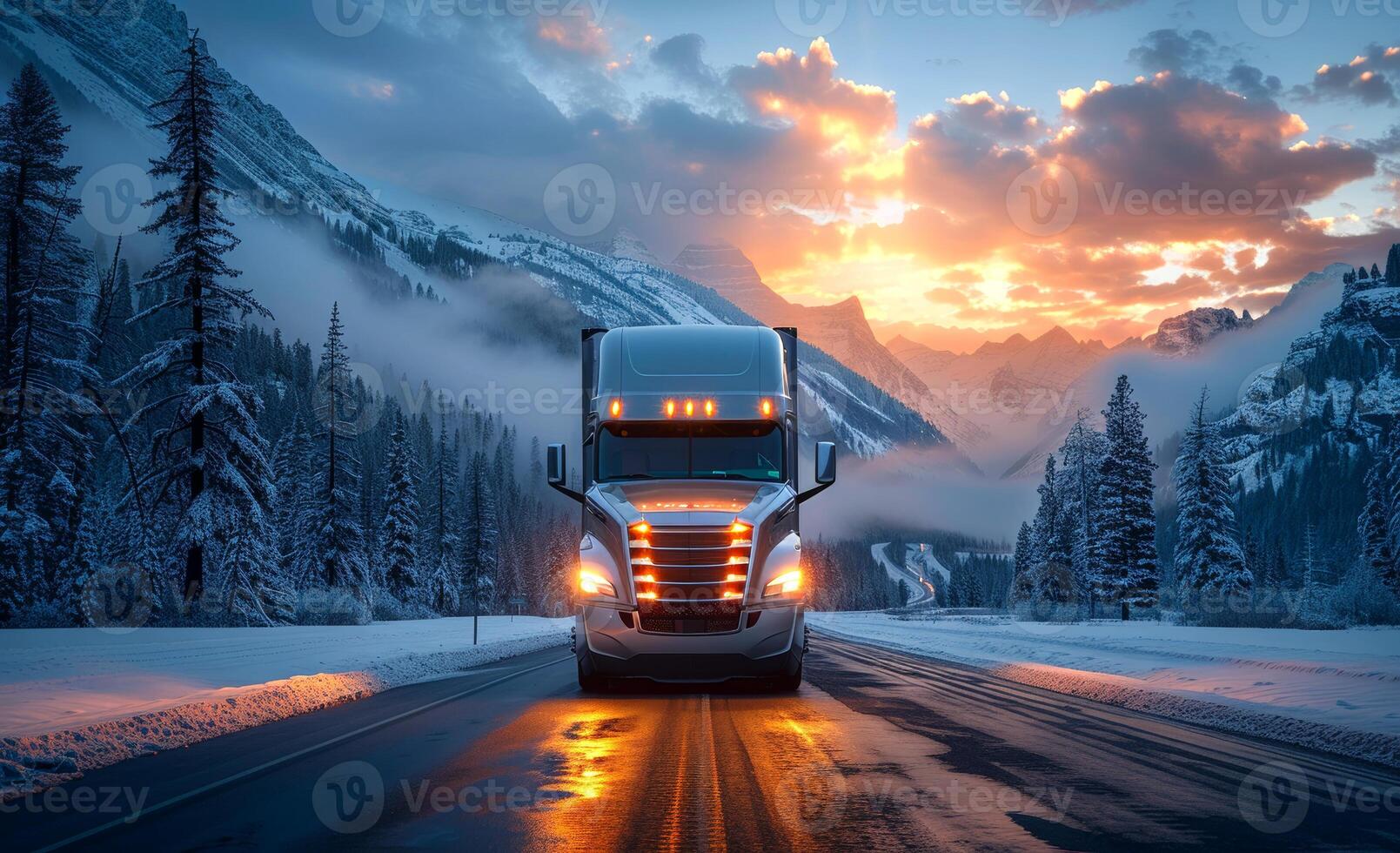 The truck rides on the highway in the winter at sunset. photo