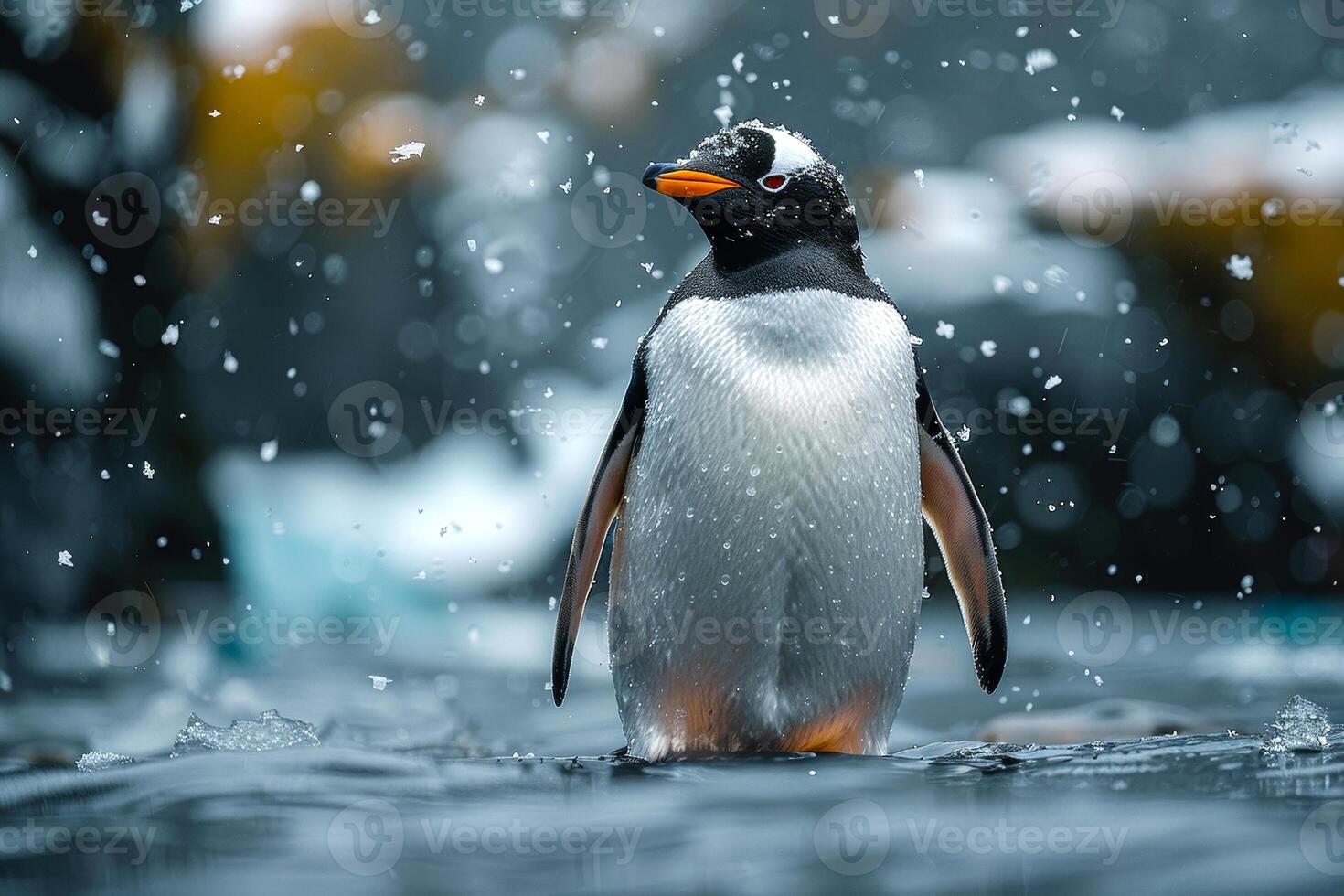 Gentoo penguin stands in the water in the snow in Antarctica photo