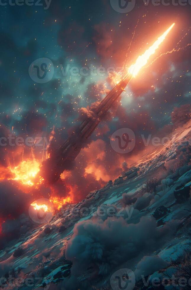 Missile flies through the sky. Nighttime operation of a missile launcher photo