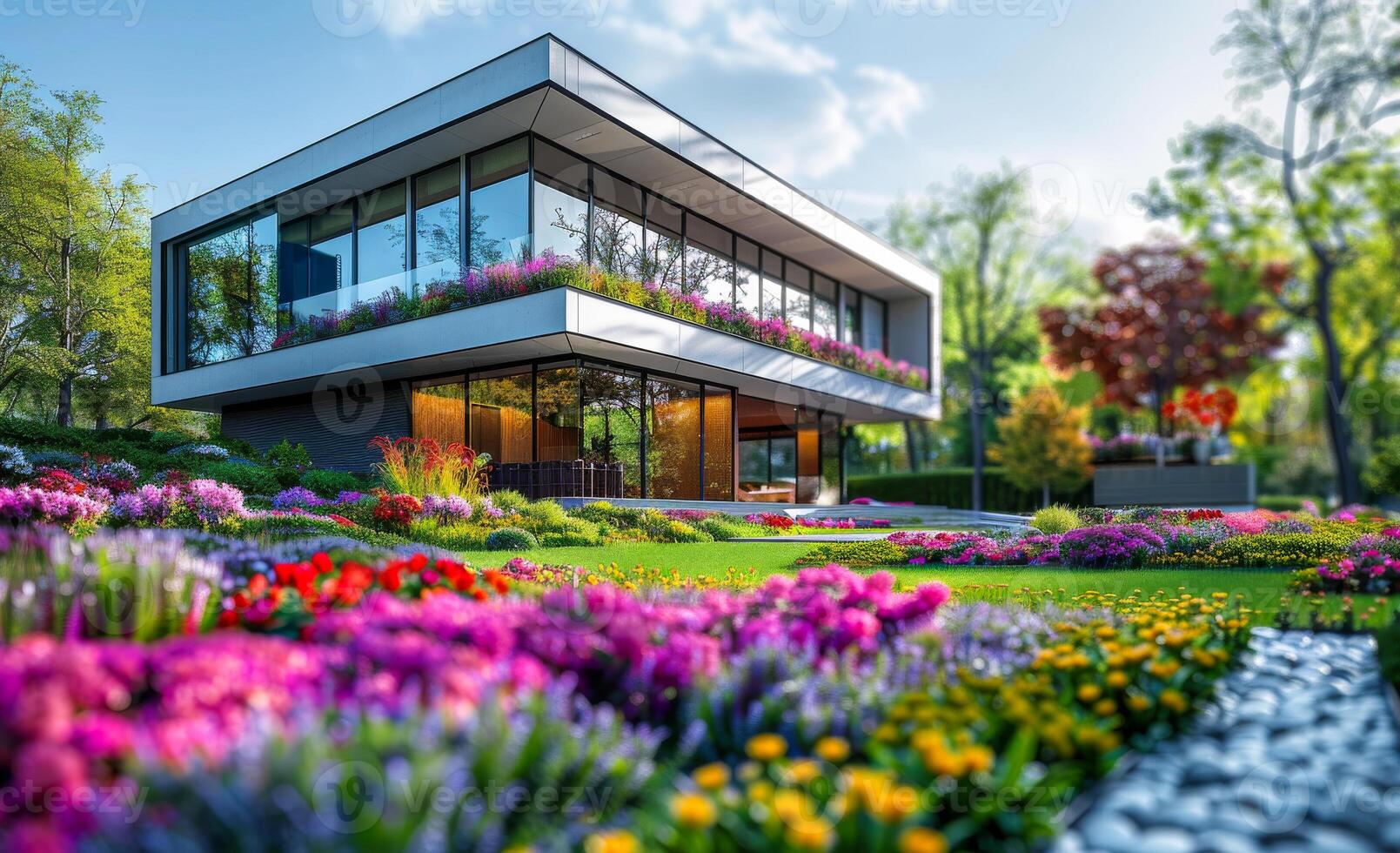 Modern house with beautiful landscaping on sunny day photo