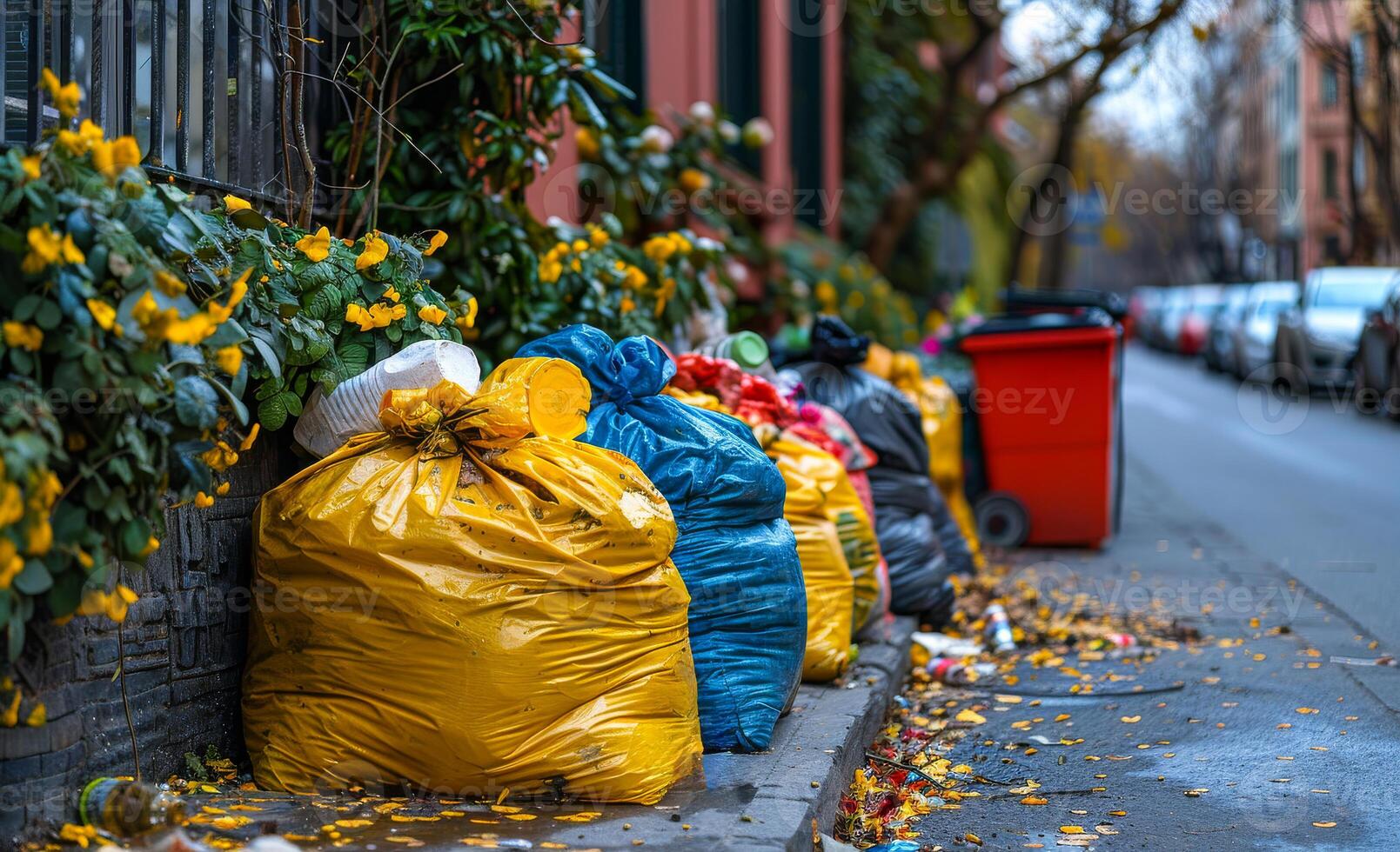 Garbage bags and garbage bins on the street. Pile of garbage photo