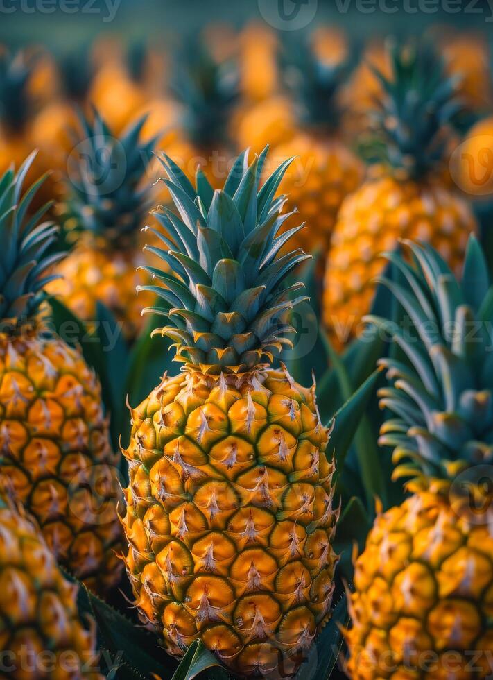 Pineapples in field. Field of pineapple plants with large and tall leaves on both sides of the road photo