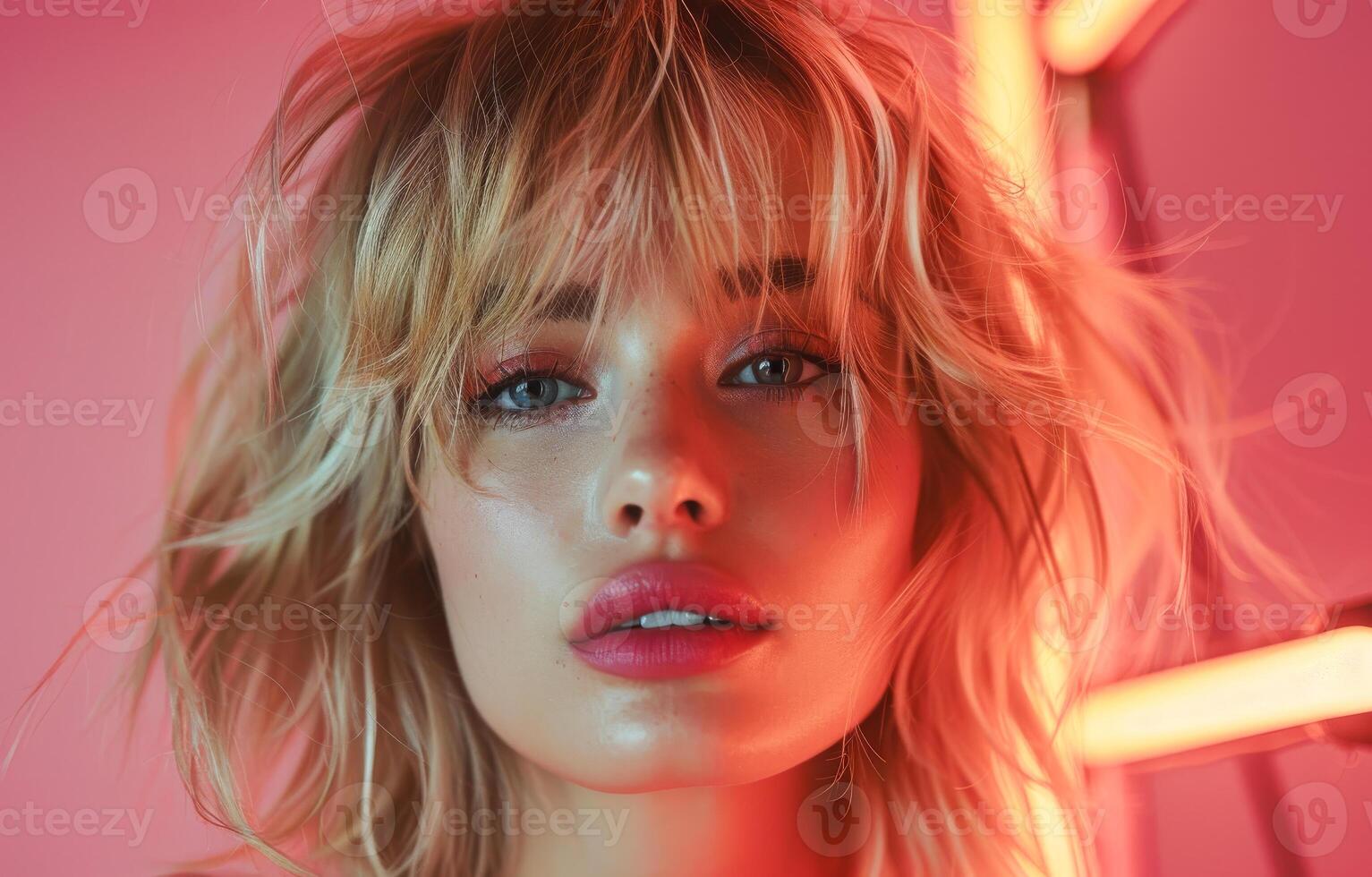Portrait of beautiful blonde woman with blue eyes and red lips photo