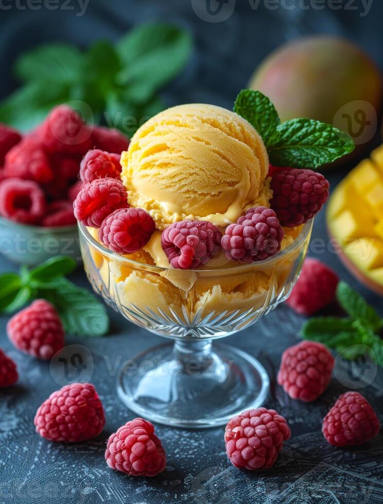 Fresh homemade mango ice cream with raspberries in glass bowl on dark slate stone or concrete background. photo
