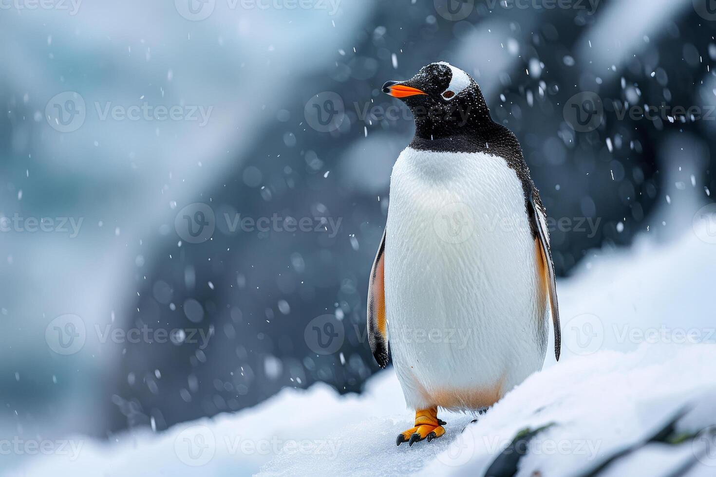 Gentoo penguin standing on the snow in Antarctica photo