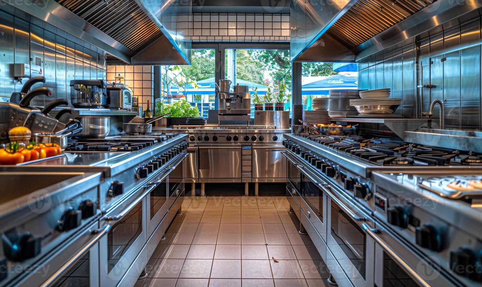 Large commercial kitchen with stainless steel appliances photo