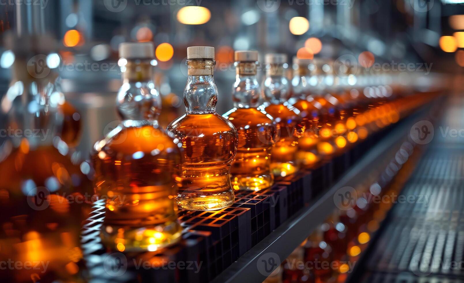 Bottles with alcohol on the conveyor belt in the factory photo
