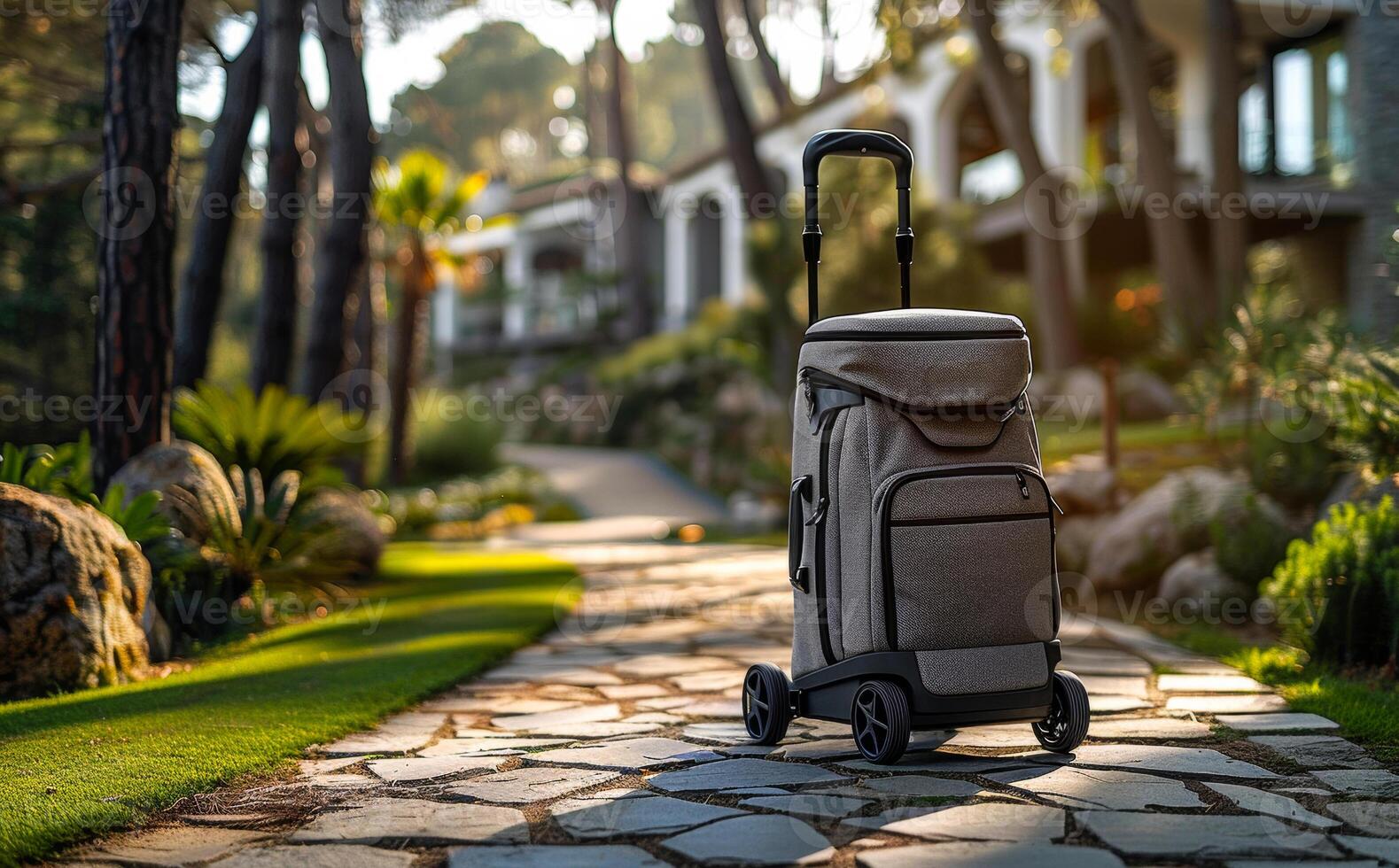 Suitcase or luggage on the stone walkway in the garden with house and trees in the background photo