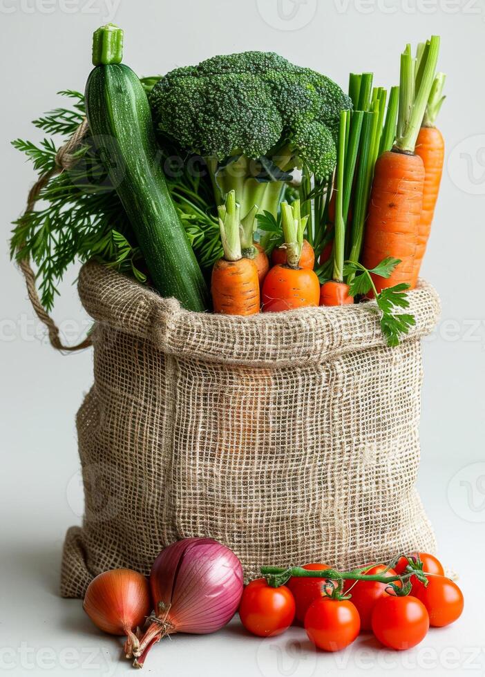 Fresh vegetables in sack. A large net bag filled with vegetables photo