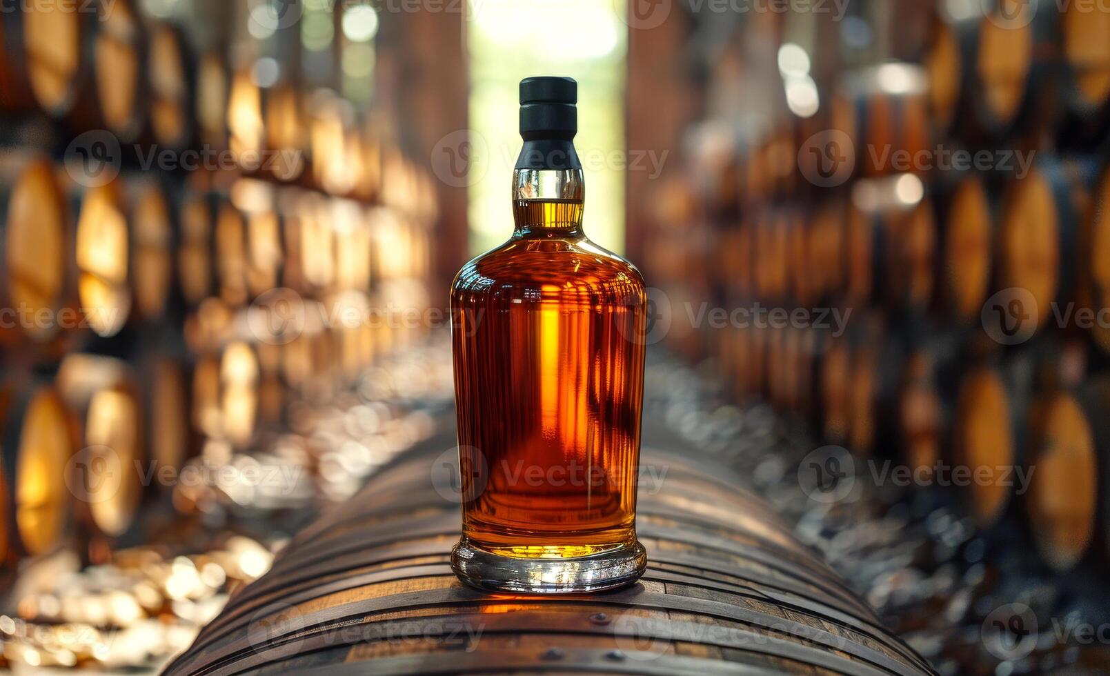Bottle of cognac on the background of oak barrels in the cellar of the winery photo