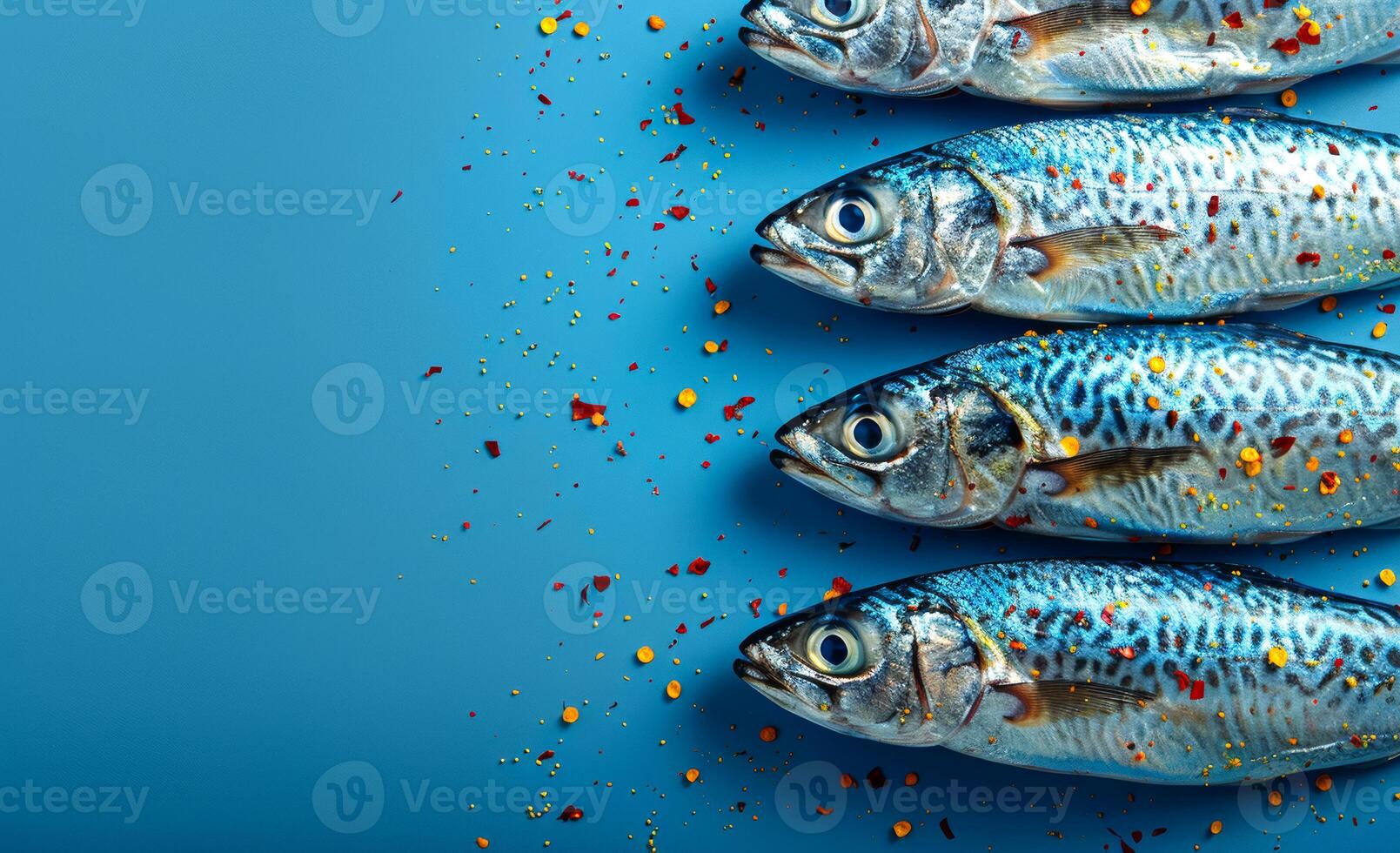 Raw fish mackerel on blue background with spices top view copy space. photo