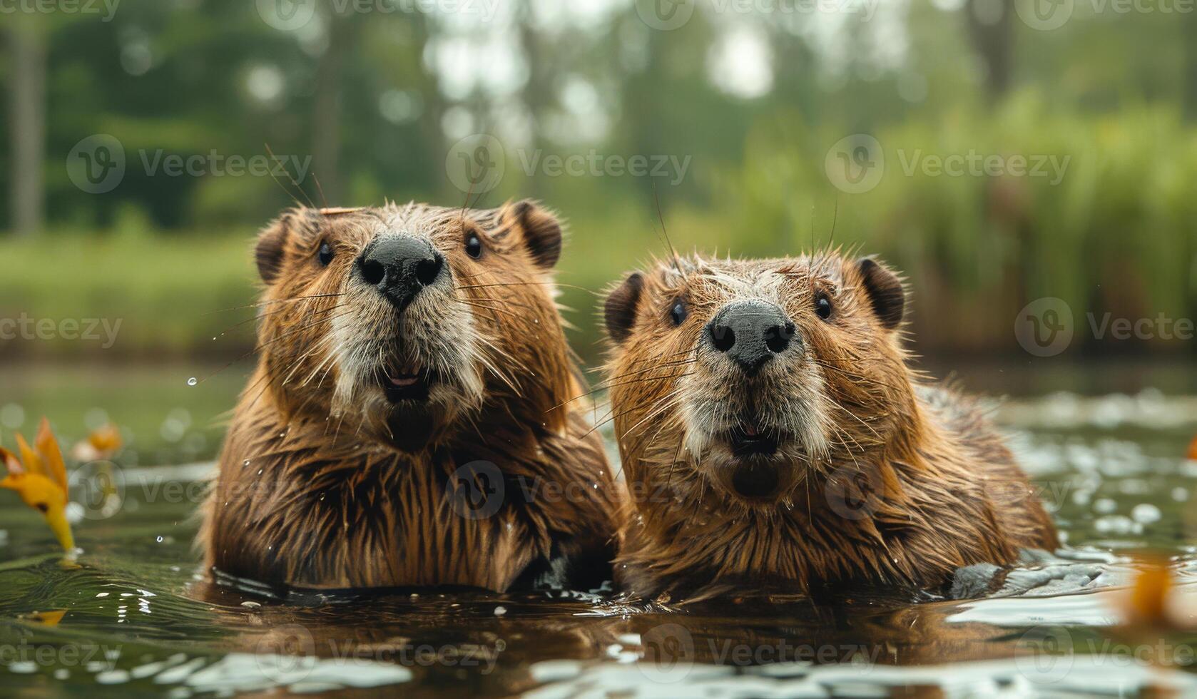 Two beavers are sitting in the water and looking at the camera. photo